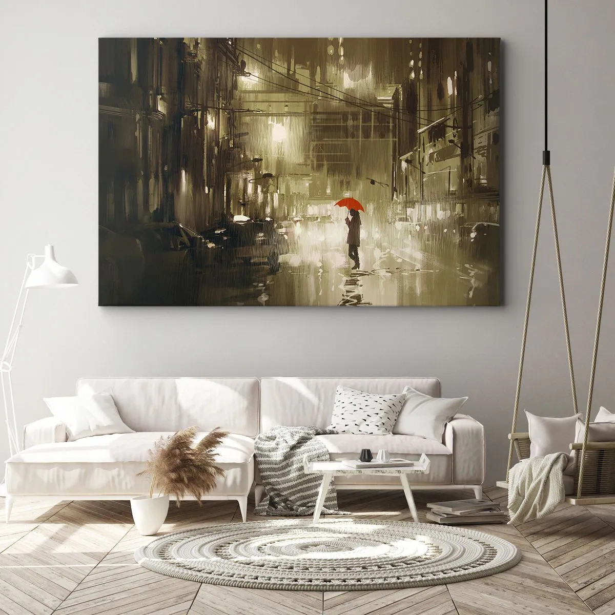 Impression sur toile - Image sur toile - Une silhouette avec un parapluie rouge dans une ville pluvieuse - 100x70cm - Seule mais pas solitaire - Décoration murale moderne pour le salon et la chambre ARTTOR