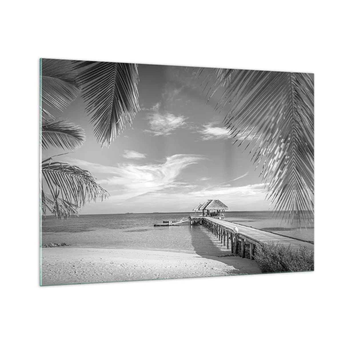 Impression sur verre - Image sur verre - Photographie en noir et blanc d'une plage tropicale avec une jetée - 100x70cm - Souvenirs ou rêve? - Décoration murale moderne pour le salon et la chambre ARTTOR