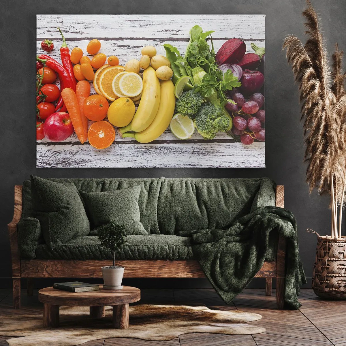 Impression sur toile - Image sur toile - Fruits et légumes colorés sur fond de bois - 120x80cm - Ce n'est pas suffisant? - Décoration murale moderne pour le salon et la chambre ARTTOR