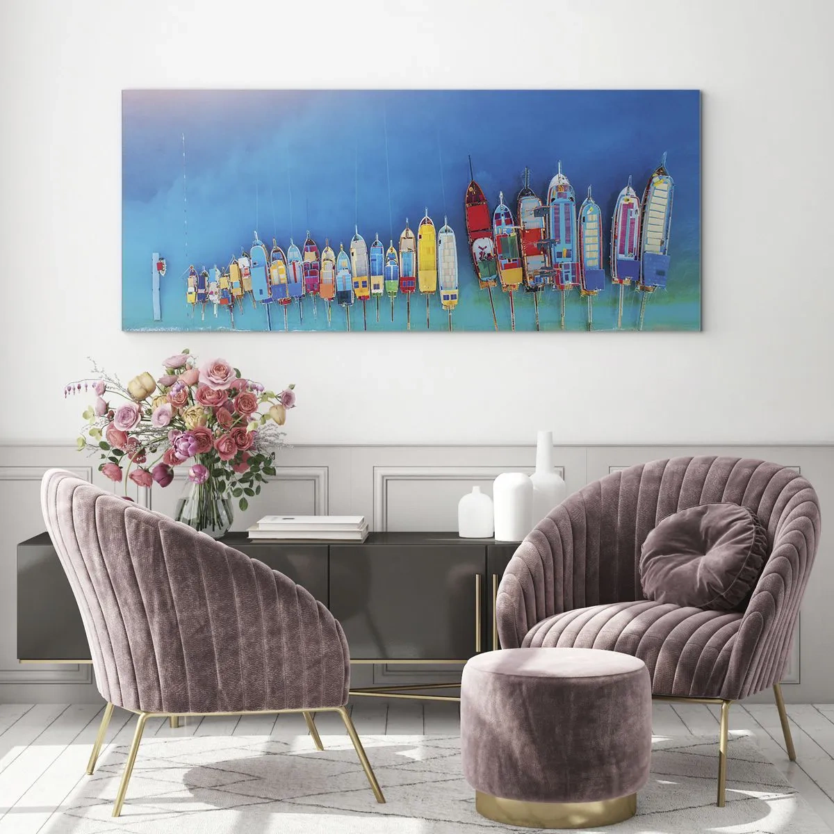 Impression sur verre - Image sur verre - Des bateaux colorés alignés en rangée sur le rivage - 120x50cm - Une vue à vol d'oiseau - Décoration murale moderne pour le salon et la chambre ARTTOR