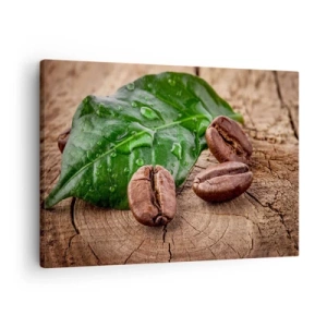 Impression sur toile - Image sur toile - Grains de café et feuille verte sur fond de bois - 70x50cm - La plus vraie et noire - Décoration murale moderne pour le salon et la chambre ARTTOR