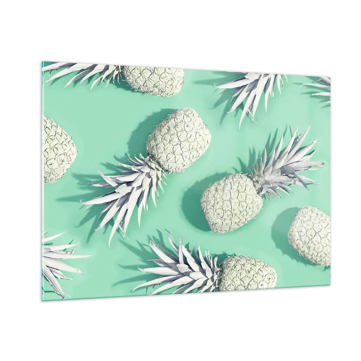 Impression sur verre - Image sur verre - Ananas blancs sur fond menthe dans une composition artistique - 100x70cm - Ils se combinent très bien avec la menthe - Décoration murale moderne pour le salon et la chambre ARTTOR