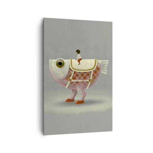 Impression sur toile - Image sur toile - Un cavalier de poisson fantaisie avec des jambes et une selle - 80x120cm - Le cavalier poisson - Décoration murale moderne pour le salon et la chambre ARTTOR