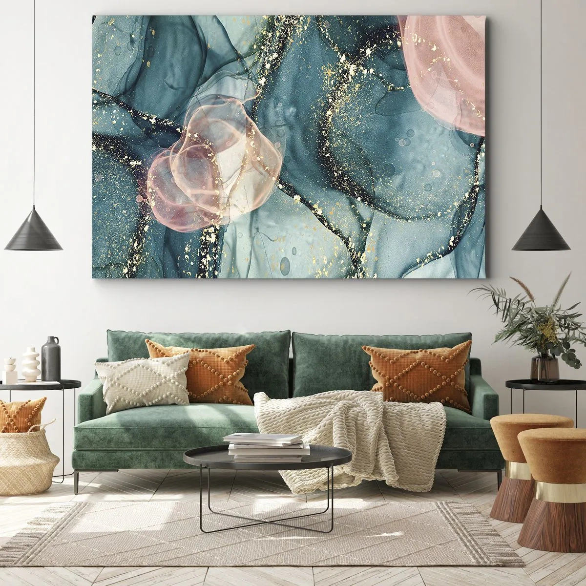 Impression sur toile - Image sur toile - Une composition abstraite dans des tons turquoise et or. - 100x70cm - Soie bleu, tulle rose - Décoration murale moderne pour le salon et la chambre ARTTOR