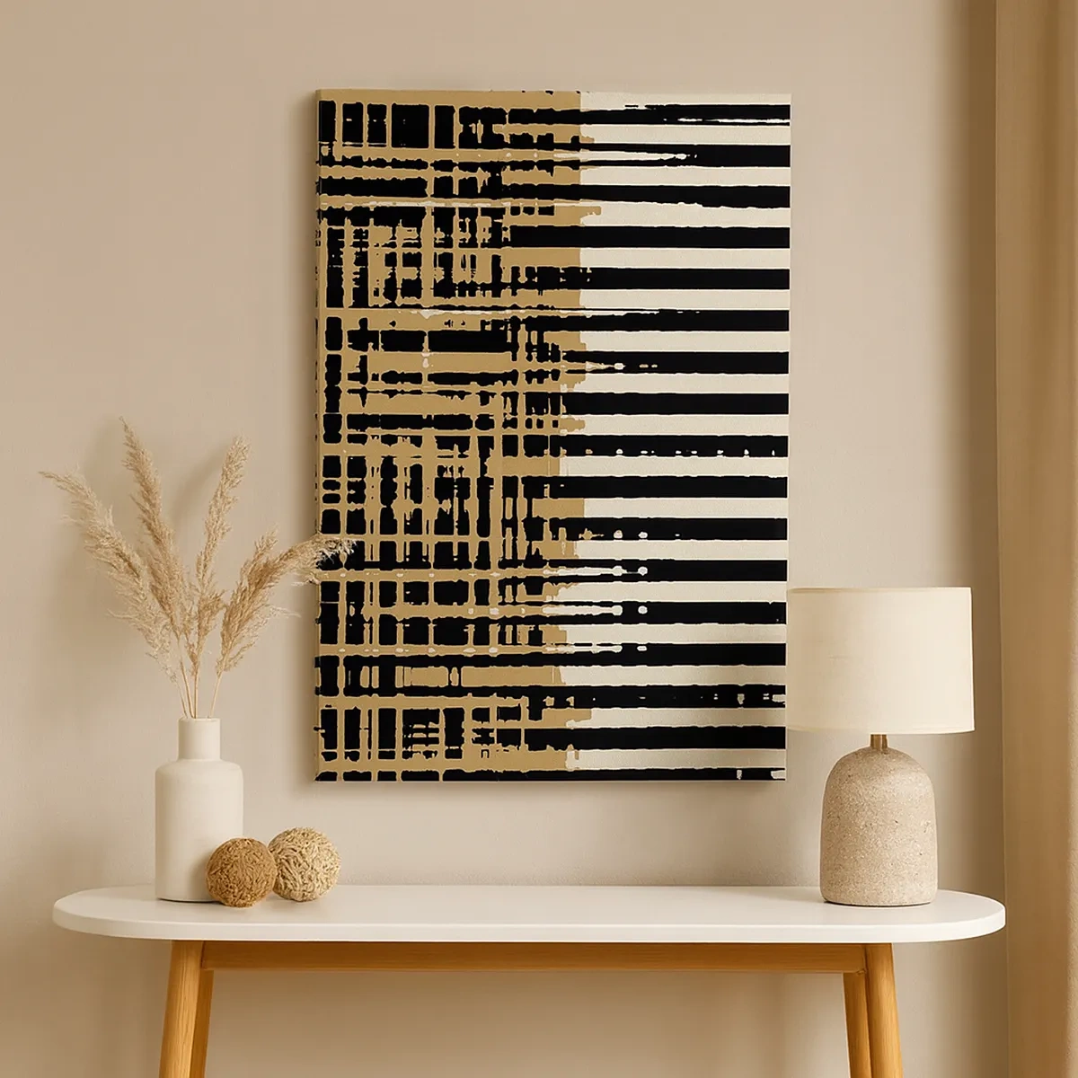 Impression sur toile - Image sur toile - Lignes abstraites en noir, beige et blanc - 50x70cm - Abstraction architecturale - Décoration murale moderne pour le salon et la chambre ARTTOR