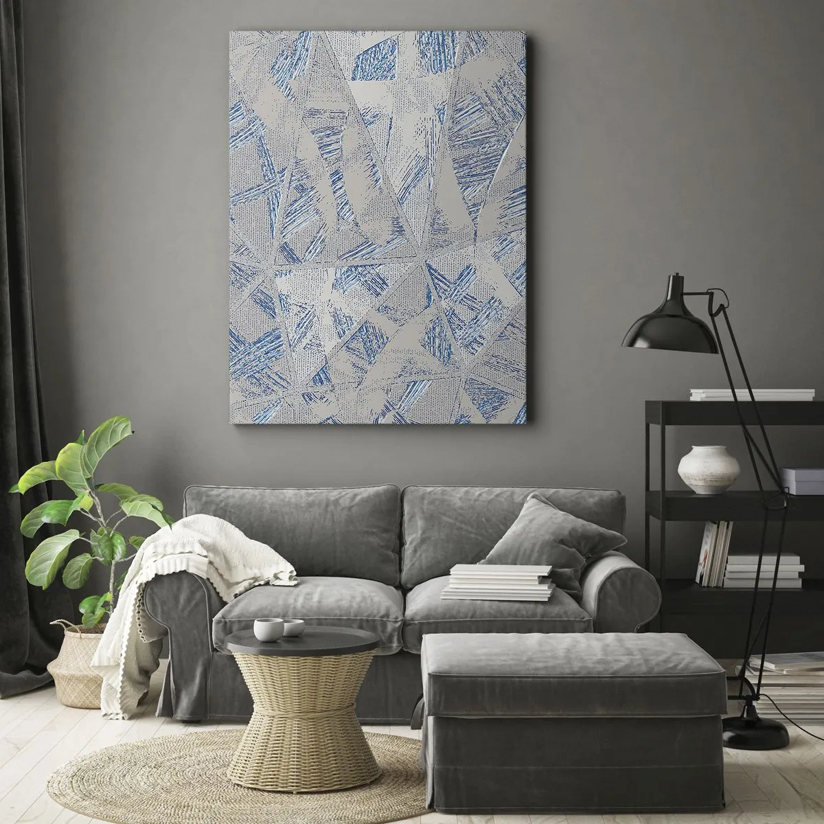 Impression sur toile - Image sur toile - Motifs géométriques dans les tons de bleu et de gris - 50x70cm - Dans un labyrinthe bleu-gris - Décoration murale moderne pour le salon et la chambre ARTTOR