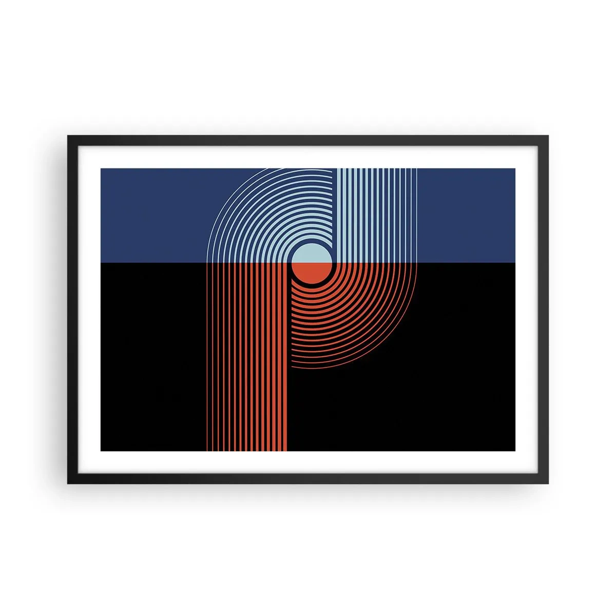 Affiche dans un cadre noir - Poster - Abstraction géométrique avec des lignes bleu marine et orange. - 70x50cm - Dans une étreinte géométrique - Décoration murale moderne pour le salon et la chambre ARTTOR