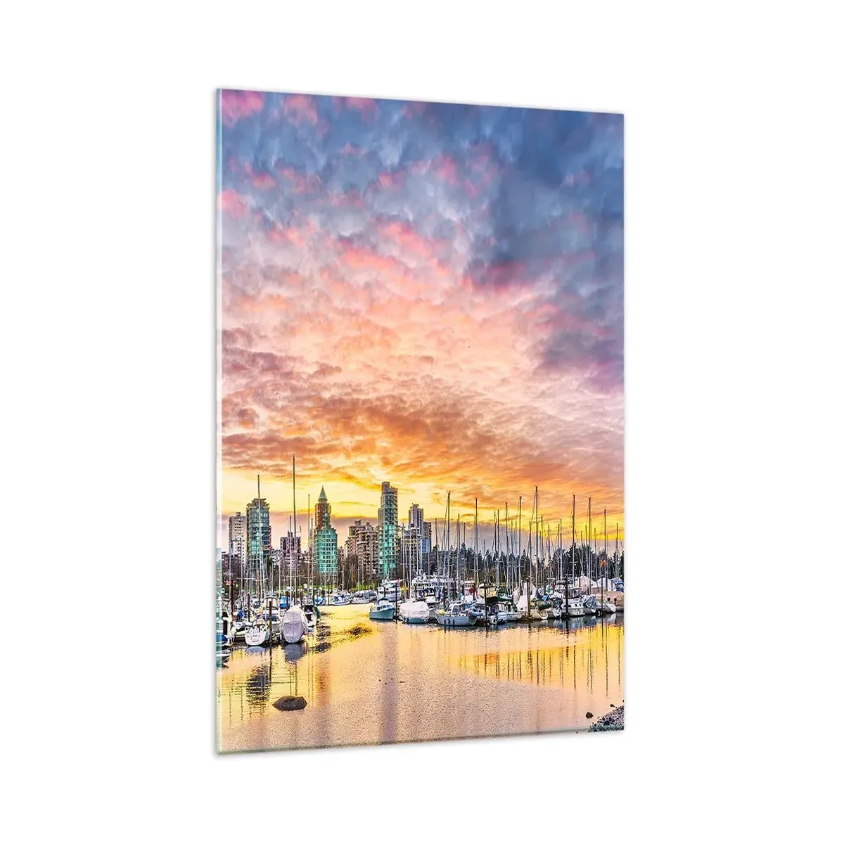 Impression sur verre - Image sur verre - Marina avec yachts et paysage urbain au coucher du soleil - 80x120cm - La cité aux mille marins - Décoration murale moderne pour le salon et la chambre ARTTOR