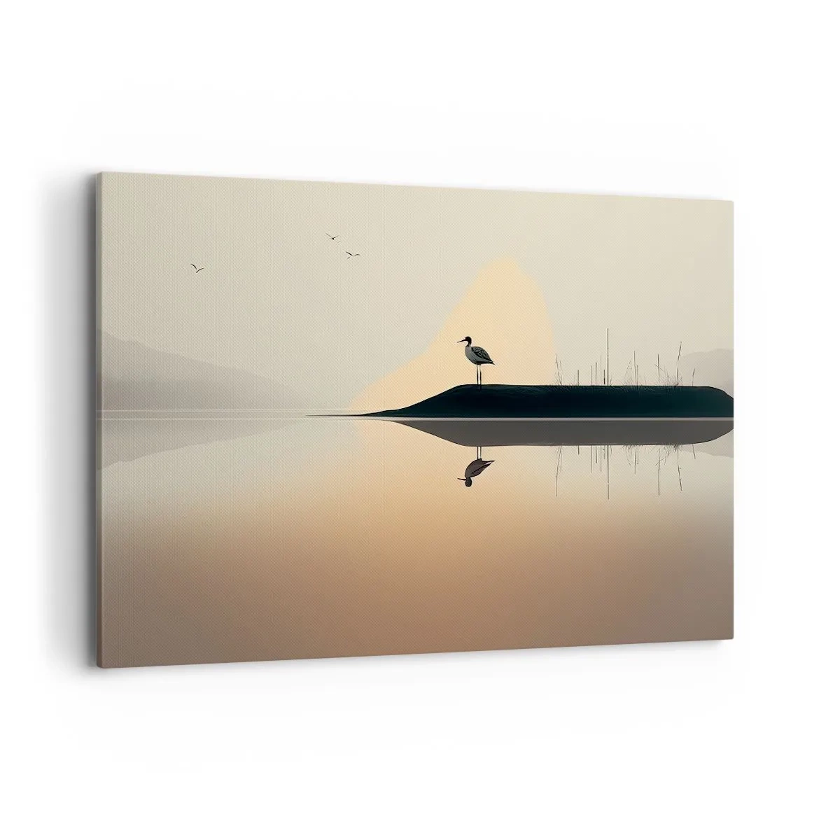 Impression sur toile - Image sur toile - Un oiseau sur une île dans un lac calme aux teintes chaudes - 100x70cm - Le seigneur du lac - Décoration murale moderne pour le salon et la chambre ARTTOR