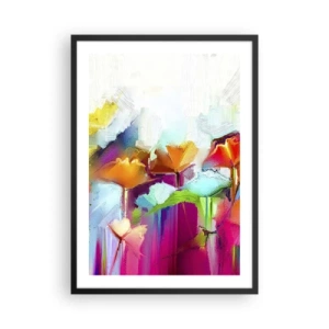 Affiche dans un cadre noir - Poster - Fleurs abstraites aux couleurs intenses sur fond blanc - 50x70cm - L'arc-en-ciel s'est épanoui - Décoration murale moderne pour le salon et la chambre ARTTOR