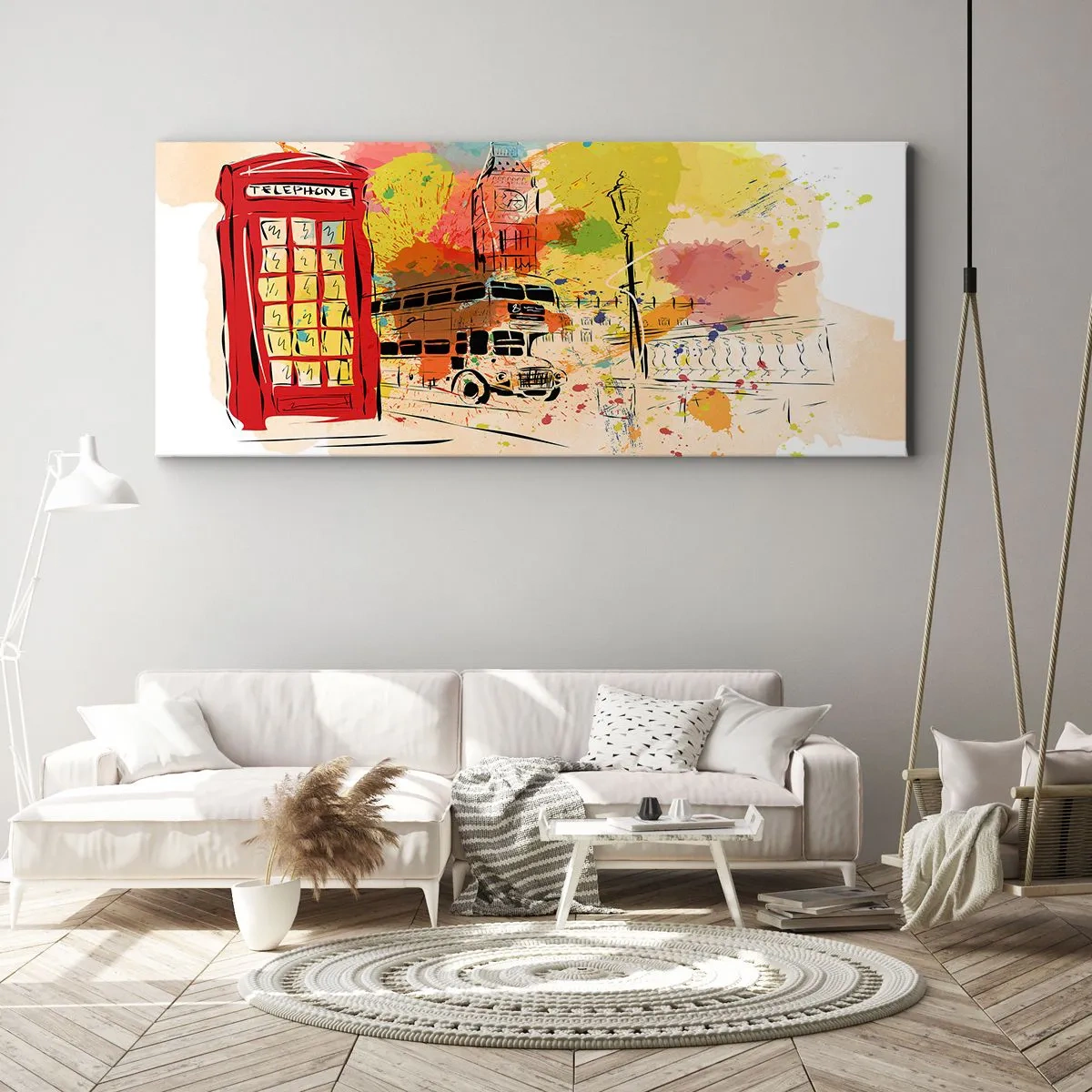 Impression sur toile - Image sur toile - Thème londonien avec bus rouge et stand - 160x50cm - La ville de la variété - Décoration murale moderne pour le salon et la chambre ARTTOR