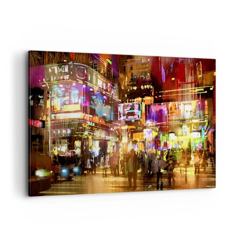 Impression sur toile - Image sur toile - Une ville animée la nuit sous la lumière des néons - 120x80cm - Dans une mer de lumière - Décoration murale moderne pour le salon et la chambre ARTTOR