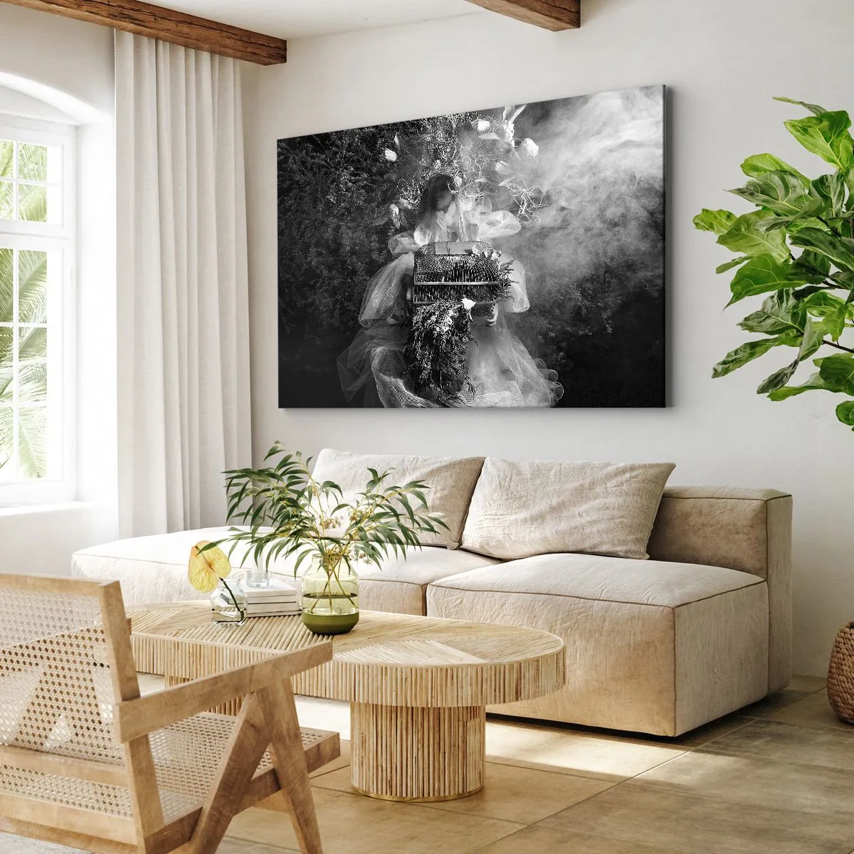 Impression sur toile - Image sur toile - Une composition en noir et blanc avec une figure en robe et une cage dans le brouillard. - 100x70cm - Tout simplement Mère Nature - Décoration murale moderne pour le salon et la chambre ARTTOR