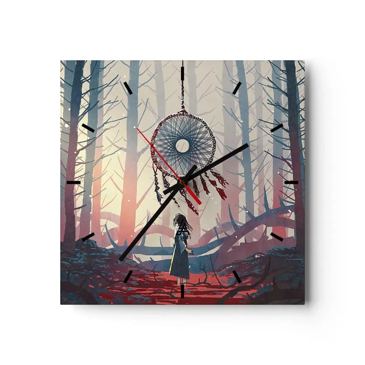 Horloge murale - Pendule murale - Scène de forêt avec un attrape-rêves géant - 30x30cm - Rituel secret du bonheur - Décoration murale moderne pour le salon et la chambre ARTTOR
