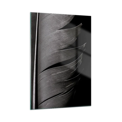 Impression sur verre - Image sur verre - Gros plan noir et blanc d'une plume présentée sous une lumière contrastée. - 50x70cm - La plume – un design magnifique - Décoration murale moderne pour le salon et la chambre ARTTOR