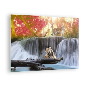 Impression sur verre - Image sur verre - Tigres contre une cascade et un paysage d'automne - 70x50cm - Paysage surréaliste - Décoration murale moderne pour le salon et la chambre ARTTOR