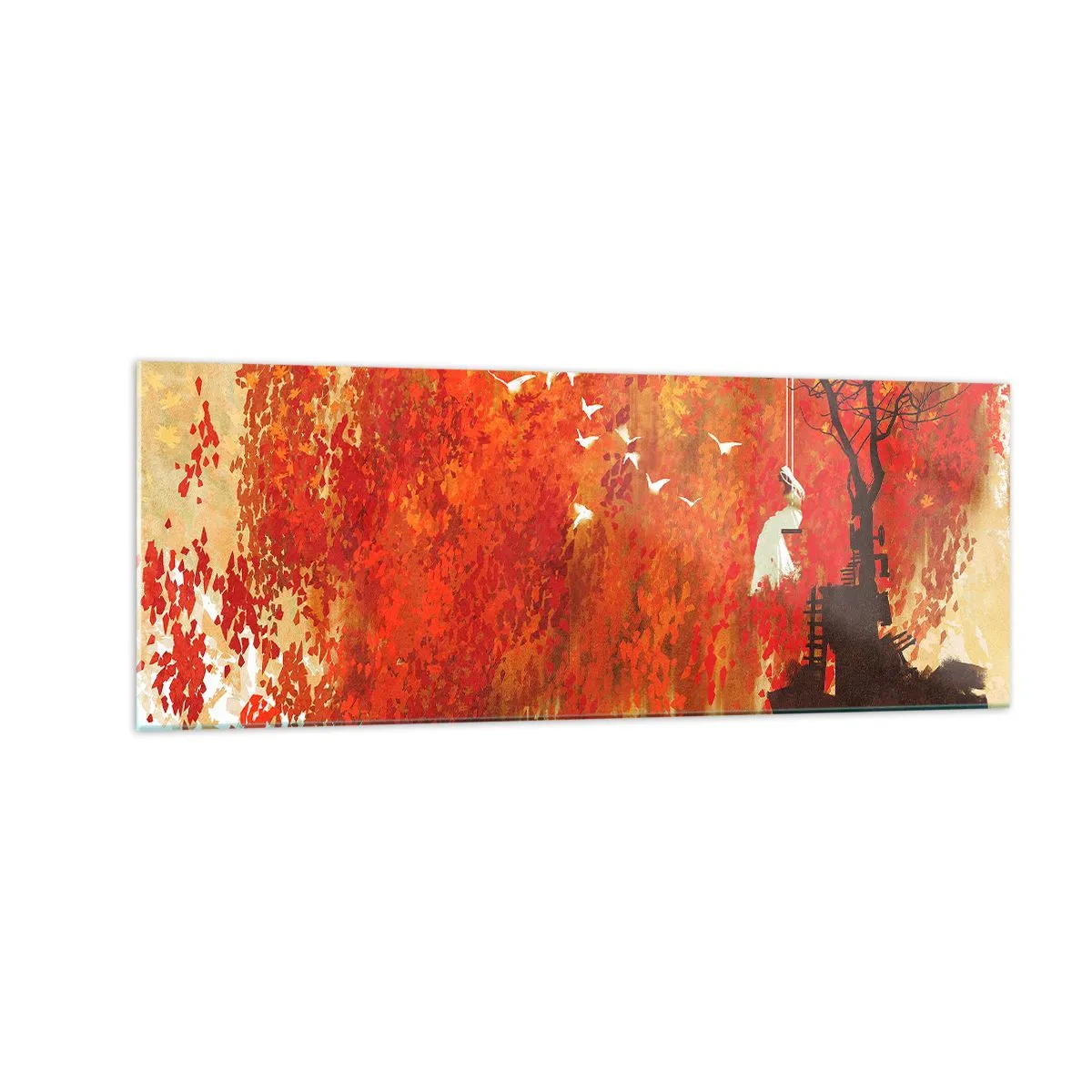 Impression sur verre - Image sur verre - Une silhouette sur une balançoire près d'un arbre entouré de feuilles rouges - 140x50cm - S'envolera-t-il avec eux ? - Décoration murale moderne pour le salon et la chambre ARTTOR