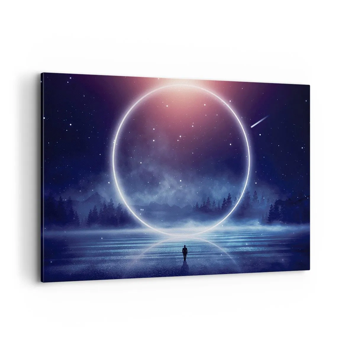 Impression sur toile - Image sur toile - Un paysage magique avec une silhouette et un cercle de lumière la nuit - 120x80cm - Ils sont déjà là... - Décoration murale moderne pour le salon et la chambre ARTTOR