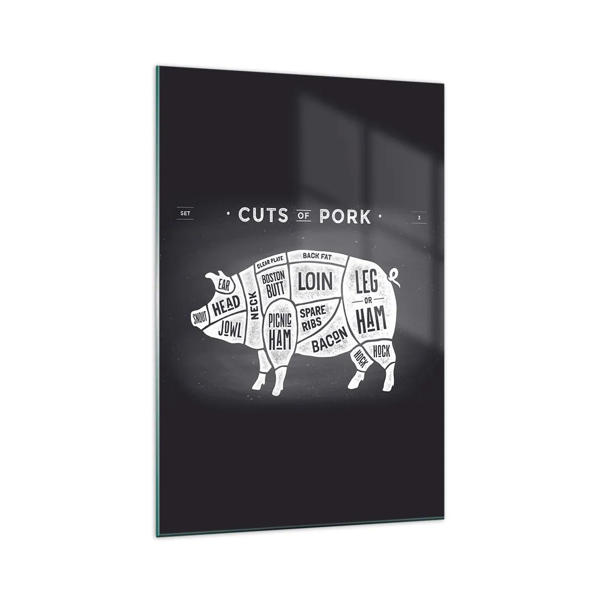 Impression sur verre - Image sur verre - Diagramme des coupes de porc sur fond noir - 70x100cm - L'art de la découpe - Décoration murale moderne pour le salon et la chambre ARTTOR