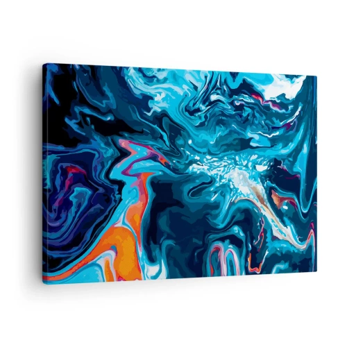 Impression sur toile - Image sur toile - Un motif abstrait dans des tons de bleu avec des accents orange. - 70x50cm - Voyage au centre du ciel - Décoration murale moderne pour le salon et la chambre ARTTOR