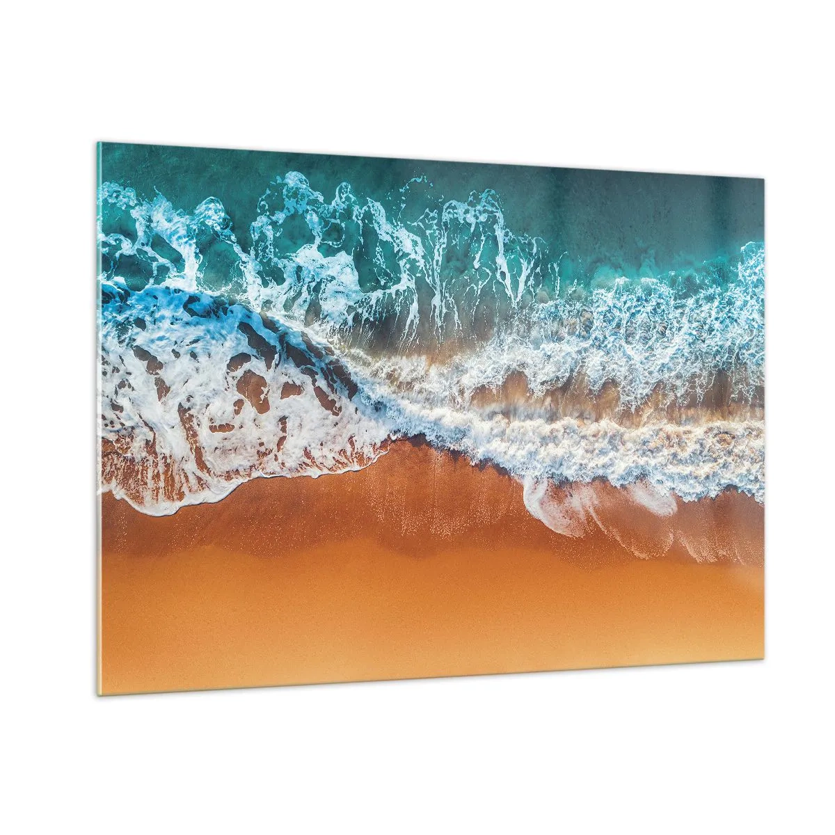 Impression sur verre - Image sur verre - Vue aérienne des vagues de l'océan s'écrasant sur le rivage - 100x70cm - Toujours ensemble - Décoration murale moderne pour le salon et la chambre ARTTOR