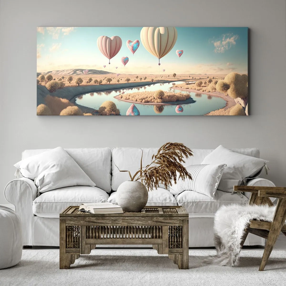 Impression sur toile - Image sur toile - Des ballons en forme de cœur flottant au-dessus du paysage - 120x50cm - L'amour te permet de t'élever - Décoration murale moderne pour le salon et la chambre ARTTOR