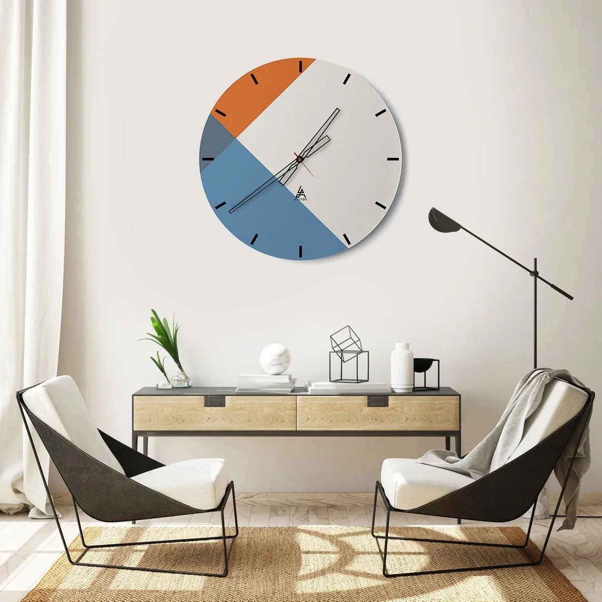 Horloge murale - Pendule murale - Motifs géométriques abstraits dans des tons terreux et bleus - 30x30cm - Sous cette angle.... - Décoration murale moderne pour le salon, la cuisine et la chambre ARTTOR