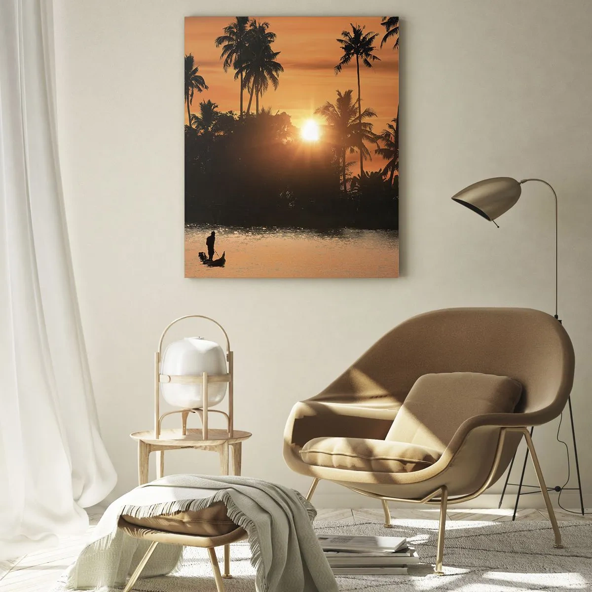 Impression sur verre - Image sur verre - Coucher de soleil sur les palmiers et un lac calme avec un bateau - 70x100cm - Il est temps de se détendre - Décoration murale moderne pour le salon et la chambre ARTTOR