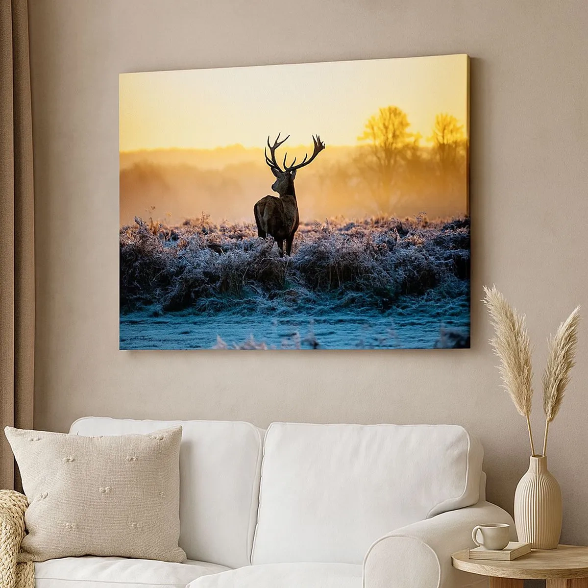 Impression sur toile - Image sur toile - Un cerf dans une clairière gelée au lever du soleil - 70x50cm - Couronné pour sa succession - Décoration murale moderne pour le salon et la chambre ARTTOR