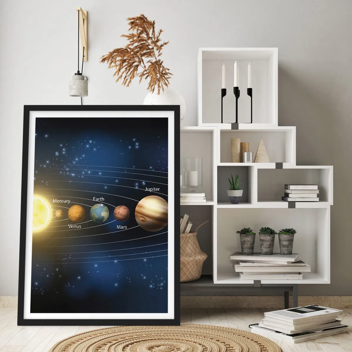 Affiche dans un cadre noir - Poster - Le système solaire avec des planètes sur fond d'étoiles - 50x70cm - L'une des dix - Décoration murale moderne pour le salon et la chambre ARTTOR