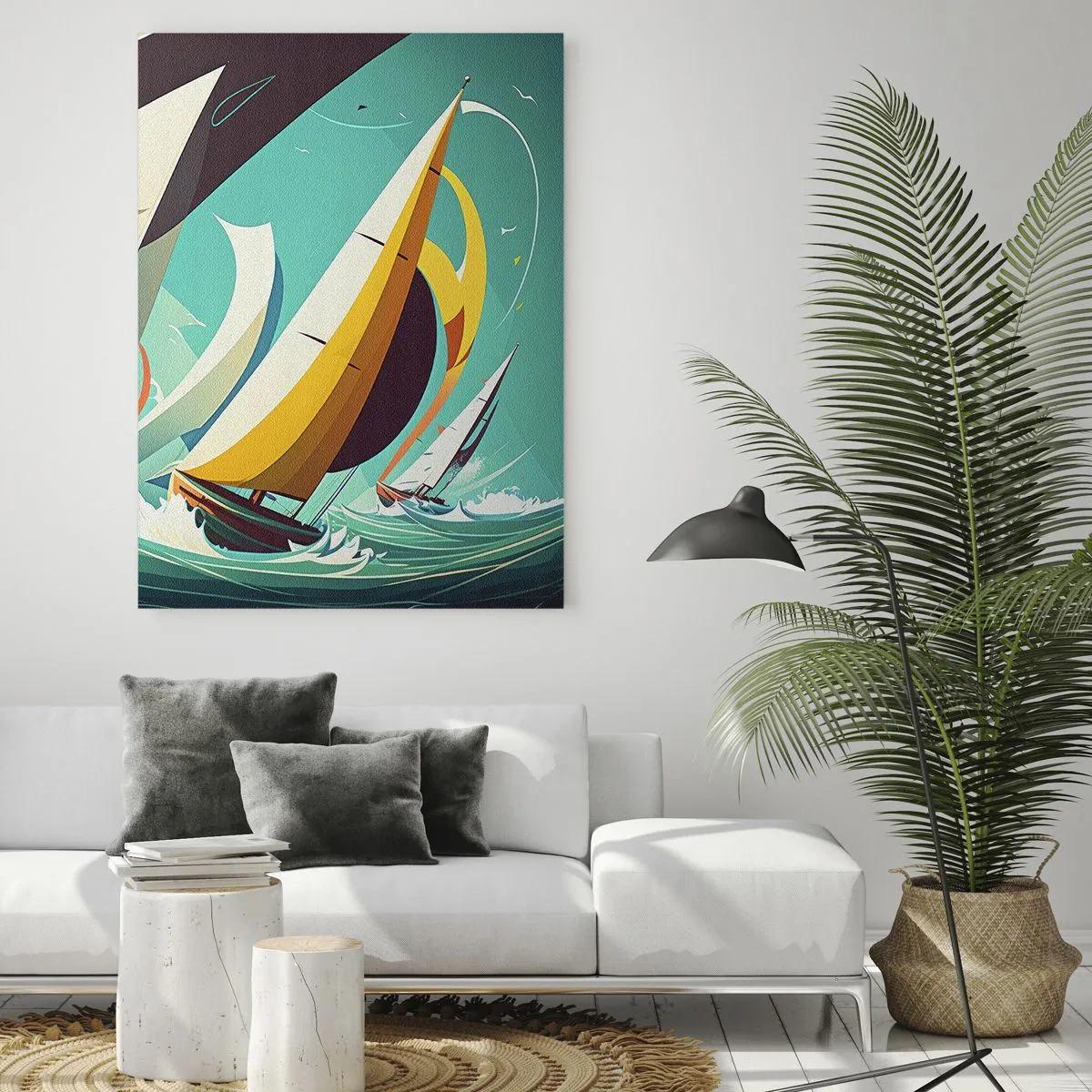 Impression sur verre - Image sur verre - Une illustration dynamique de voiliers dans une mer agitée. - 80x120cm - Bonne chance avec les éléments - Décoration murale moderne pour le salon et la chambre ARTTOR