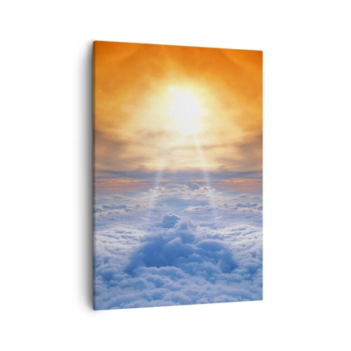 Impression sur toile - Image sur toile - Coucher de soleil au dessus des nuages, le ciel plein de couleurs dorées et de lumière. - 50x70cm - Paysage mystique - Décoration murale moderne pour le salon et la chambre ARTTOR