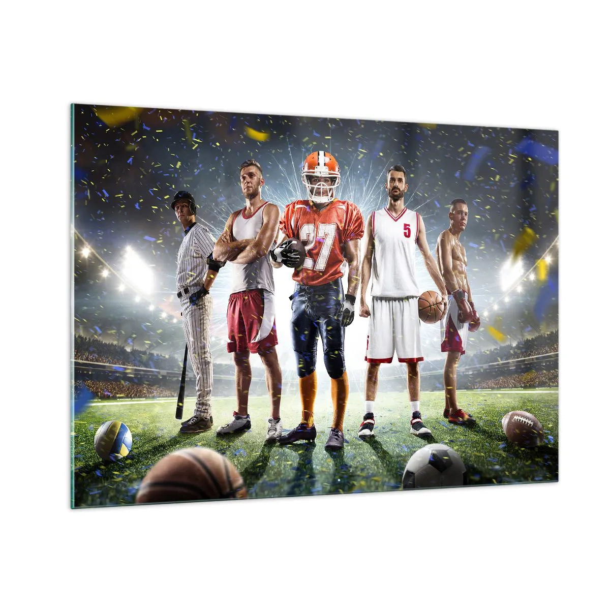 Impression sur verre - Image sur verre - Des athlètes de diverses disciplines dans le stade sous les projecteurs - 100x70cm - Gladiateurs des champs - Décoration murale moderne pour le salon et la chambre ARTTOR