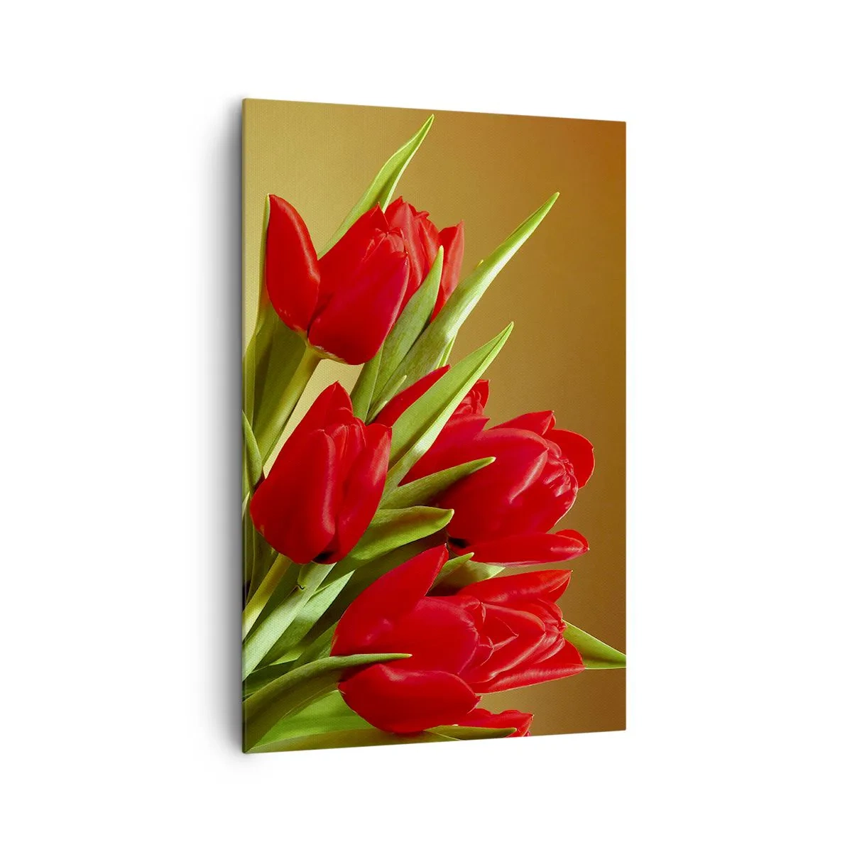 Impression sur toile - Image sur toile - Un bouquet de tulipes rouges sur fond doré avec des feuilles vertes. - 80x120cm - Amas de joie printanière - Décoration murale moderne pour le salon et la chambre ARTTOR