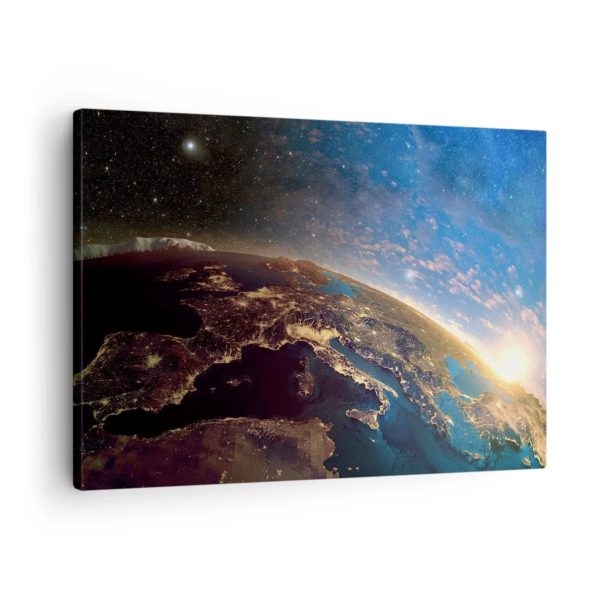 Impression sur toile - Image sur toile - Vue de la Terre depuis l'espace au lever du soleil - 70x50cm - Regardons-nous de loin - Décoration murale moderne pour le salon et la chambre ARTTOR