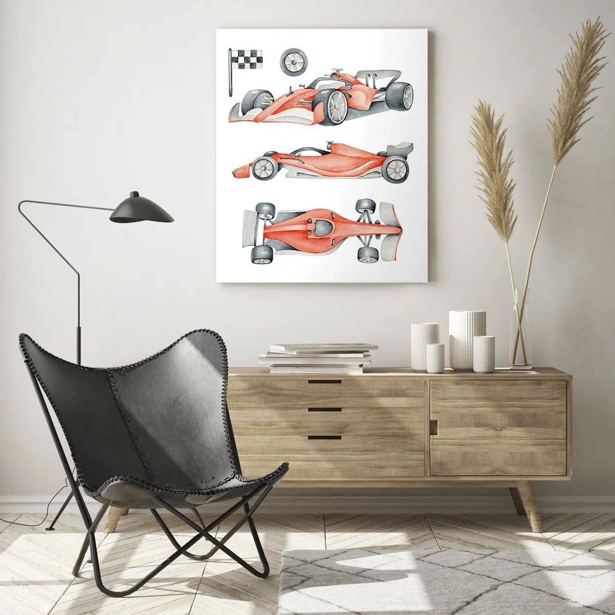 Impression sur verre - Image sur verre - Une voiture de course rouge avec un drapeau à damier - 70x100cm - poursuis ton rêve - Décoration murale moderne pour le salon et la chambre ARTTOR