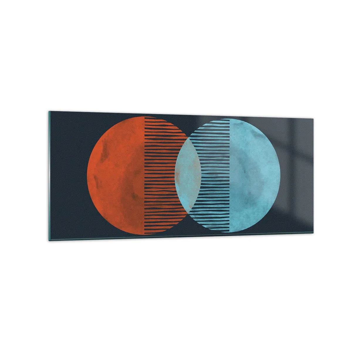 Impression sur verre - Image sur verre - Deux cercles orange et bleus sur fond sombre - 120x50cm - Fantaisie astronomique - Décoration murale moderne pour le salon et la chambre ARTTOR