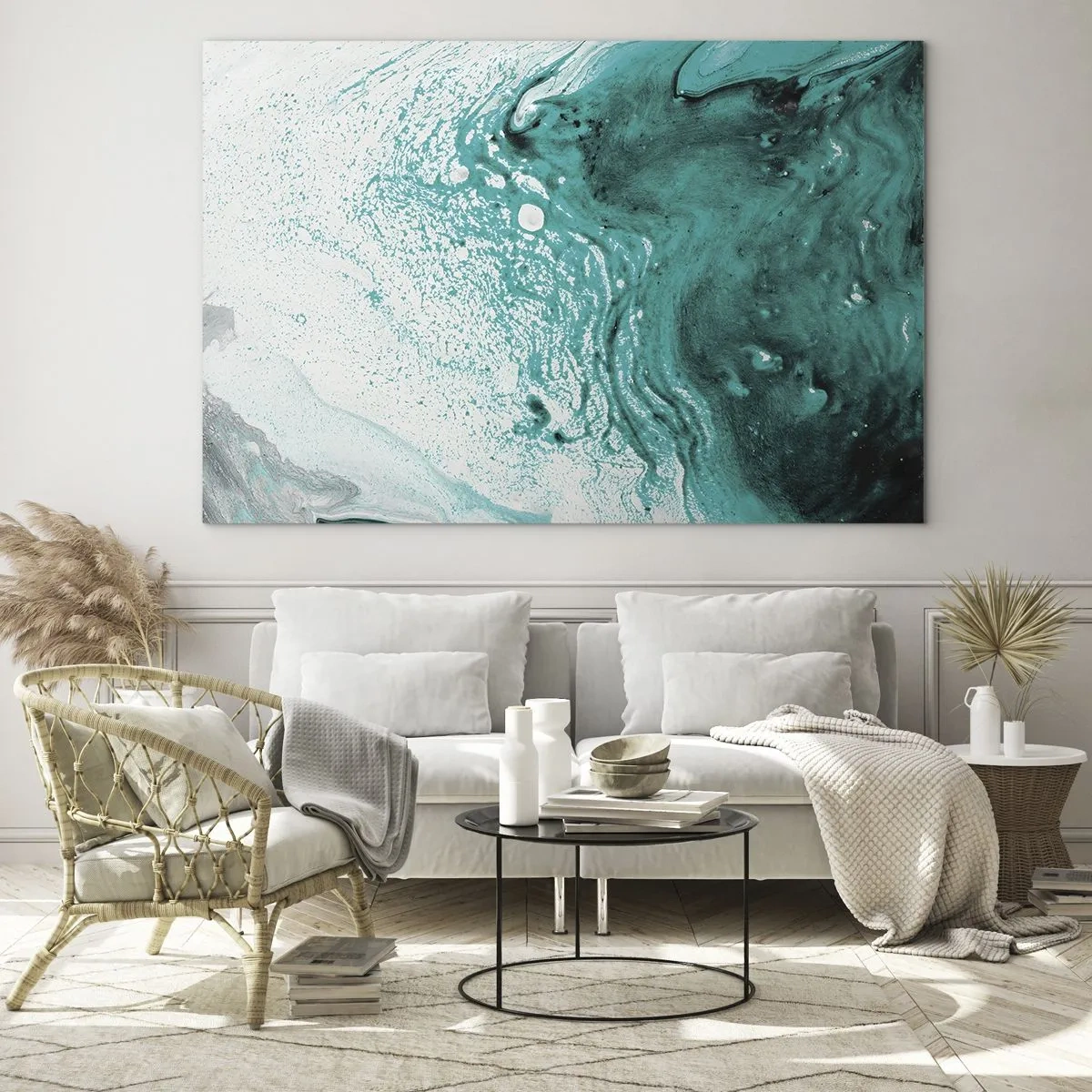 Impression sur verre - Image sur verre - Une peinture abstraite dans les tons de blanc et de turquoise - 70x50cm - Se fondre dans le bleu et le turquoise - Décoration murale moderne pour le salon et la chambre ARTTOR