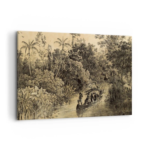 Impression sur toile - Image sur toile - Dessin d'une jungle avec un bateau sur une rivière - 120x80cm - Expédition à la source - Décoration murale moderne pour le salon et la chambre ARTTOR