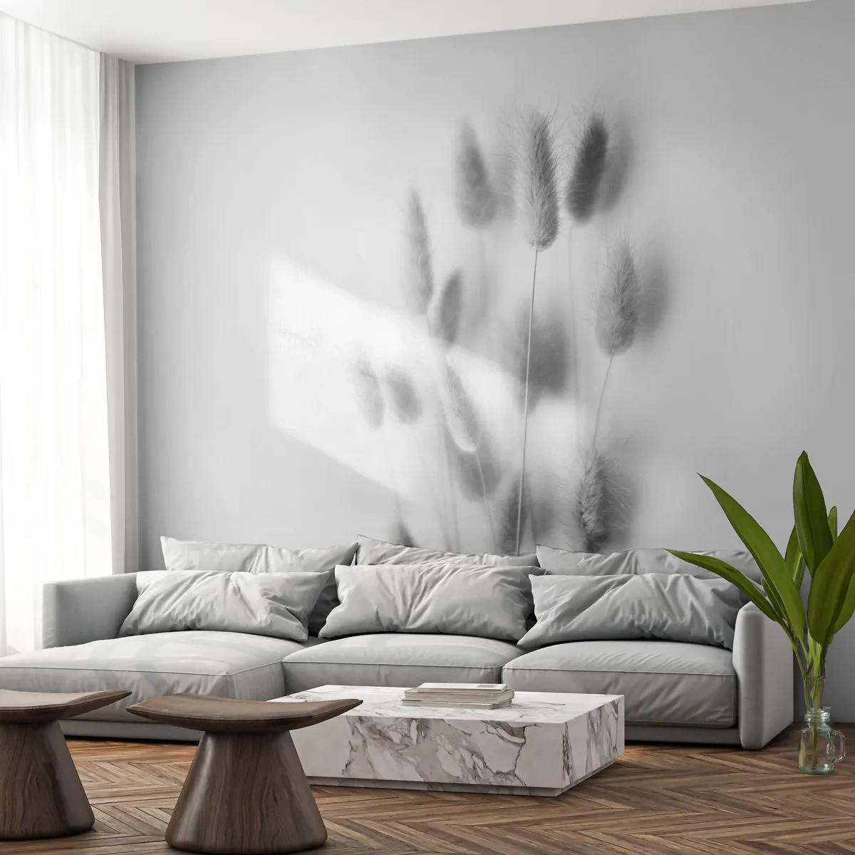 Papier Peint Photo Premium Sand - Son herbe duveteuse - Herbe, Noir et blanc, Fleurs - 350x256 cm