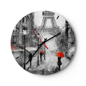 Horloge murale - Pendule murale - Rue en noir et blanc avec la Tour Eiffel et des parapluies rouges - 30x30cm - Tous les chemins mènent à elle - Décoration murale moderne pour le salon, la cuisine et la chambre ARTTOR