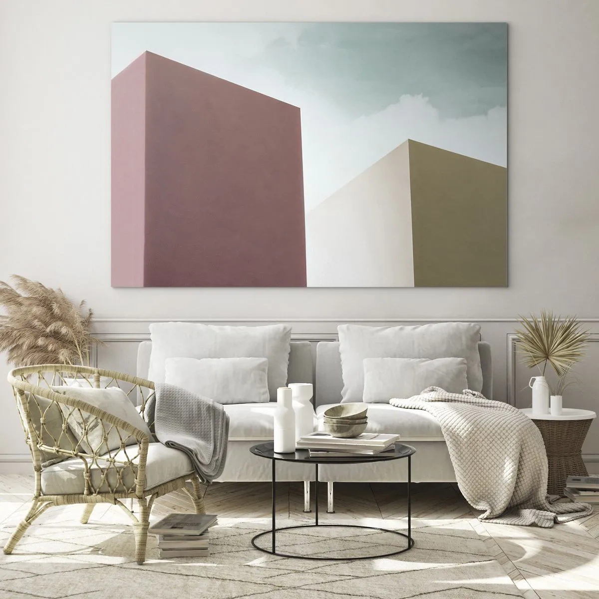 Impression sur verre - Image sur verre - Bâtiments géométriques aux couleurs pastel - 100x70cm - La géométrie d'un été ensoleillé - Décoration murale moderne pour le salon et la chambre ARTTOR