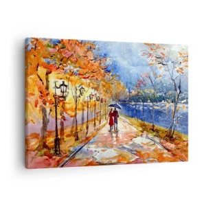 Impression sur toile - Image sur toile - Une promenade d'automne dans le parc au bord de la rivière sous un parasol - 70x50cm - Ensemble jusqu'au bout du temps - Décoration murale moderne pour le salon et la chambre ARTTOR