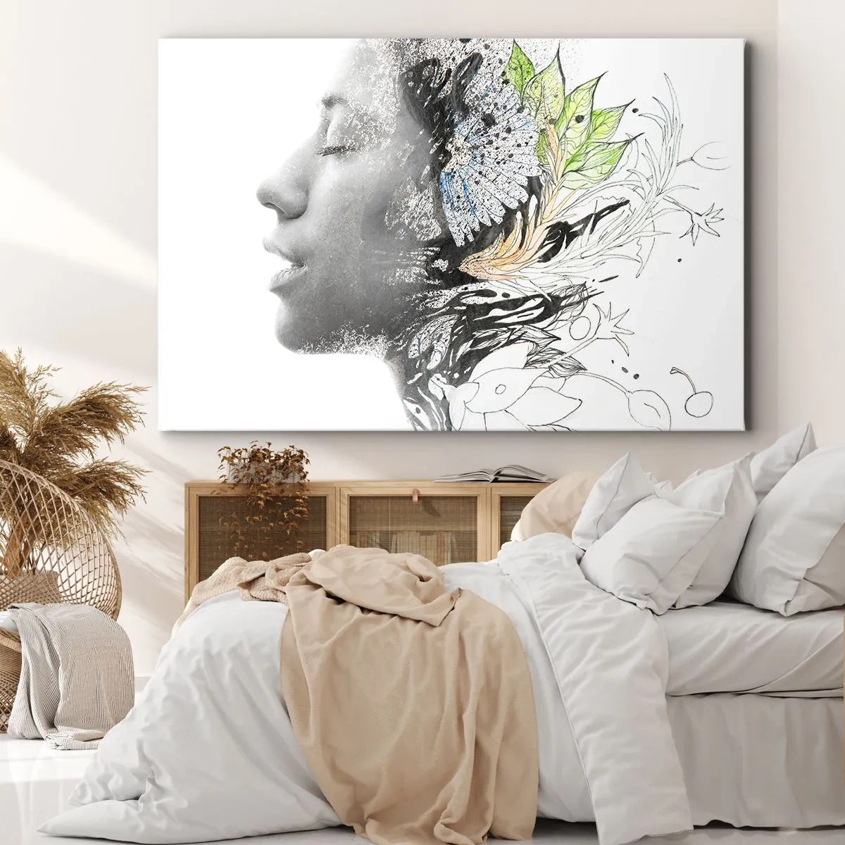 Impression sur toile - Image sur toile - Profil d'une femme dans un collage artistique de nature et de noirceur - 120x80cm - Immergé dans la nature - Décoration murale moderne pour le salon et la chambre ARTTOR