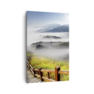 Impression sur toile - Image sur toile - Un chemin en bois parmi les montagnes brumeuses le matin - 80x120cm - Tissé d'éblouissement et de brouillard - Décoration murale moderne pour le salon et la chambre ARTTOR