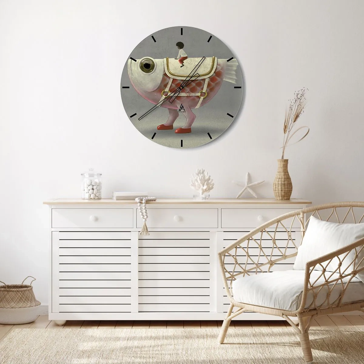 Horloge murale - Pendule murale - Une figure sur un gros poisson avec une selle et des bottes sur un fond gris - 30x30cm - Le cavalier poisson - Décoration murale moderne pour le salon, la cuisine et la chambre ARTTOR