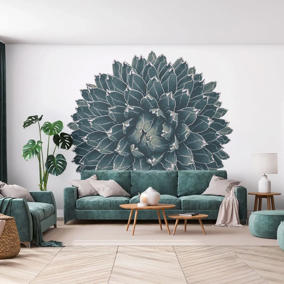 Papier Peint Photo Premium Sand - Agave symétrique sur fond blanc dans un style minimaliste - 100x70cm - Étoile du désert - Décoration murale moderne pour le salon et la chambre ARTTOR