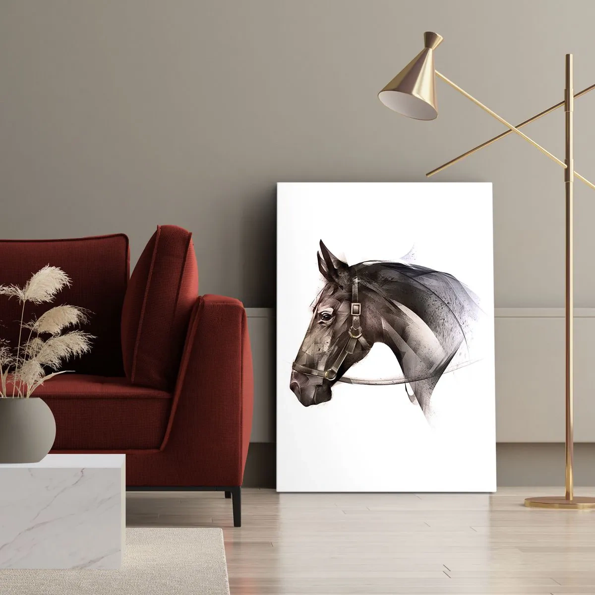 Impression sur toile - Image sur toile - Un profil de cheval dans une forme artistique délicate sur fond blanc - 80x120cm - Quelle grâce - Décoration murale moderne pour le salon et la chambre ARTTOR