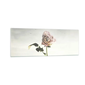 Impression sur verre - Image sur verre - Une rose délicate contre un ciel lumineux avec des oiseaux en vol - 140x50cm - Bonjour de printemps - Décoration murale moderne pour le salon et la chambre ARTTOR