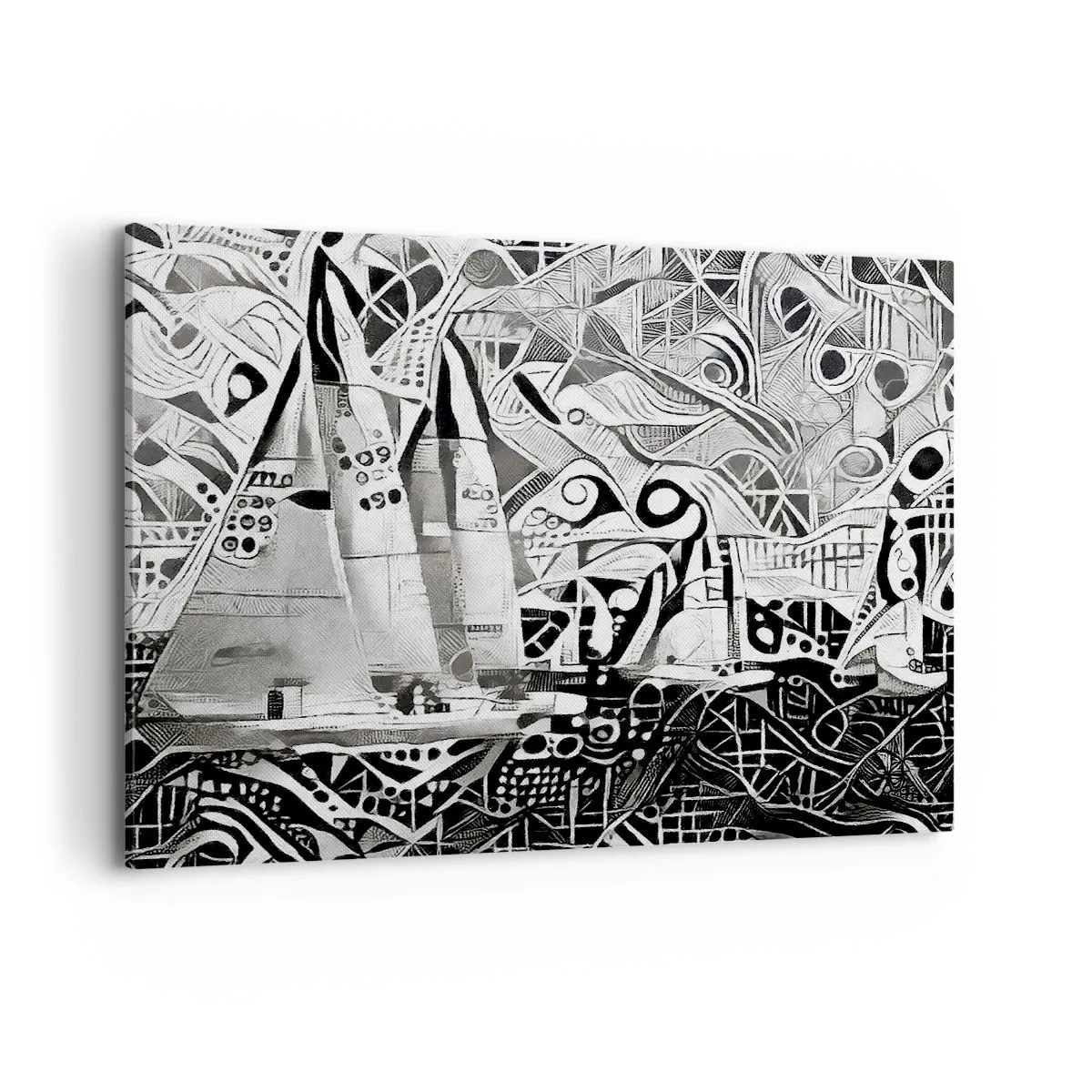 Impression sur toile - Image sur toile - Voiliers abstraits dans une composition monochrome - 100x70cm - Entre les vagues - Décoration murale moderne pour le salon et la chambre ARTTOR